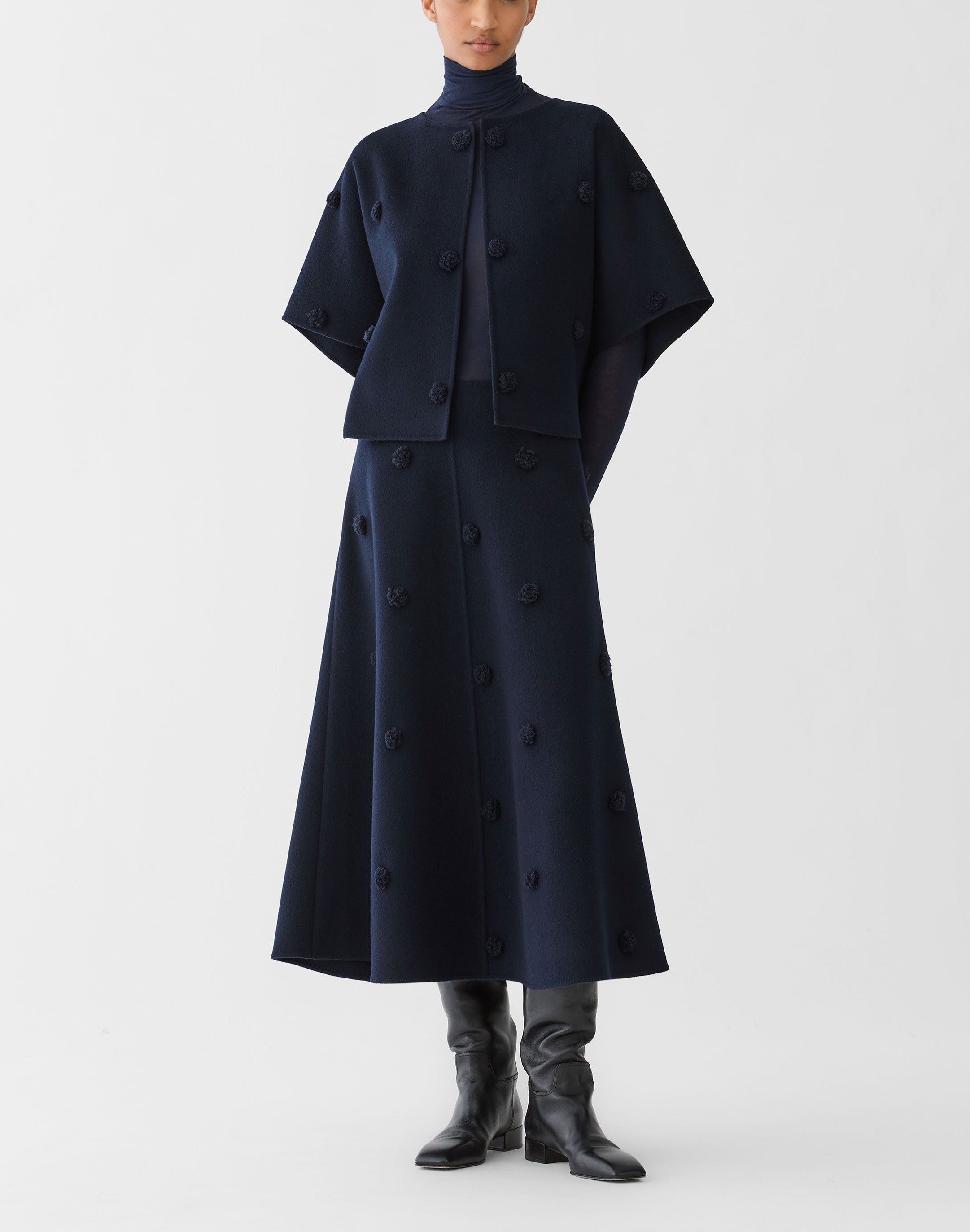 WOOL CASHMERE DOUBLE FACE EMBELLISHED POLKA DOT SKIRT