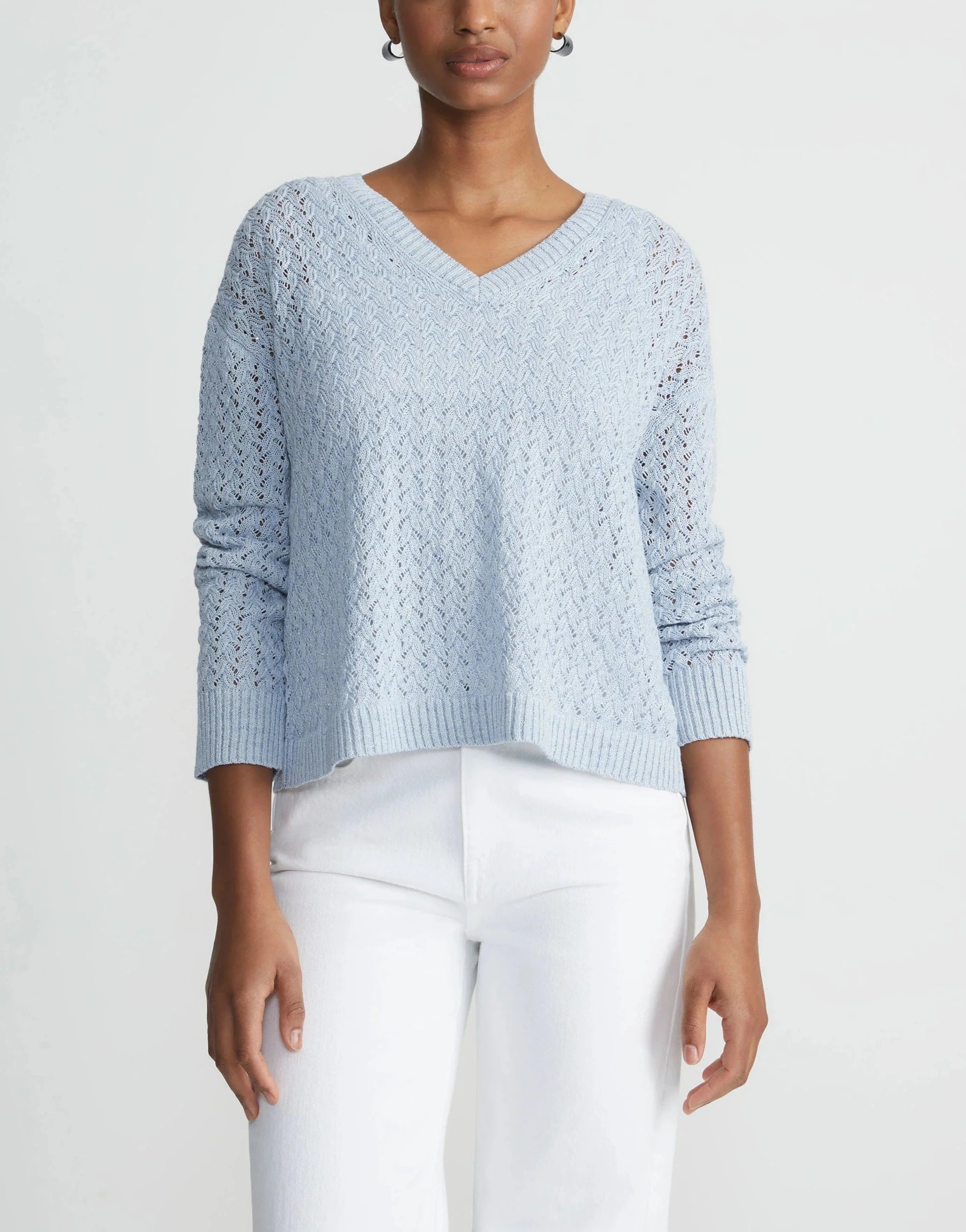 SUSTAINABLE LINEN SILK SEQUIN CABLE VNECK SWEATER
