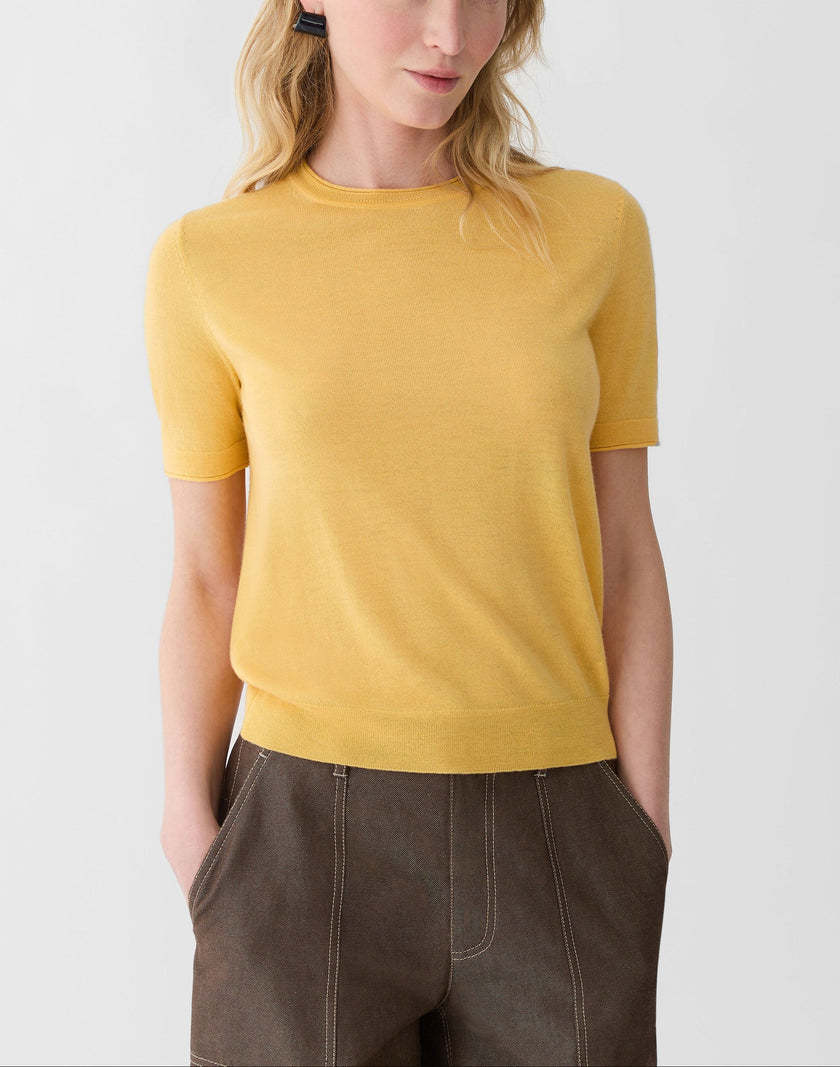 FINE GAUGE CASHMERE CREWNECK SHORT SLEEVE SWEATER IN DAISY
