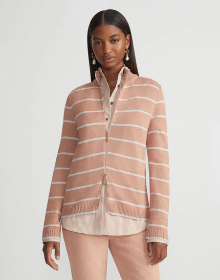 STRIPE COTTON SILK STAND COLLAR CARDIGAN