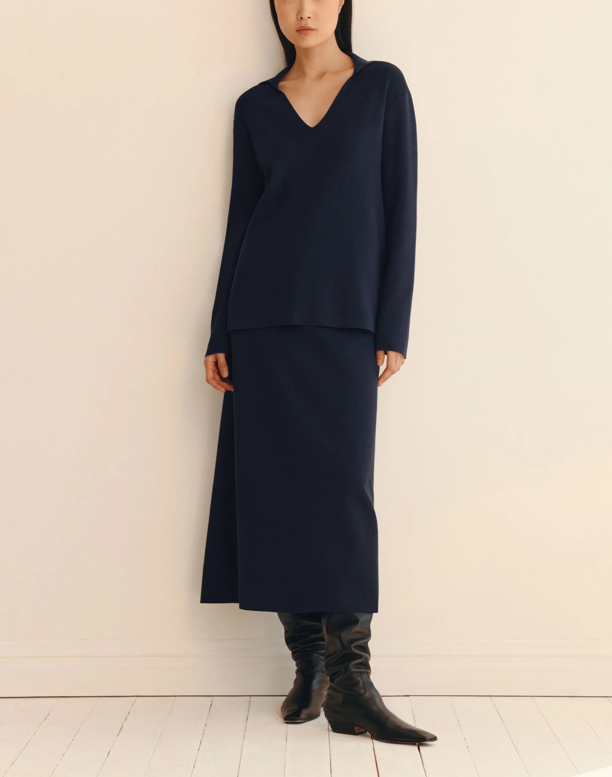 RESPONSIBLE MATTE CREPE SPLIT COLLAR SWEATER