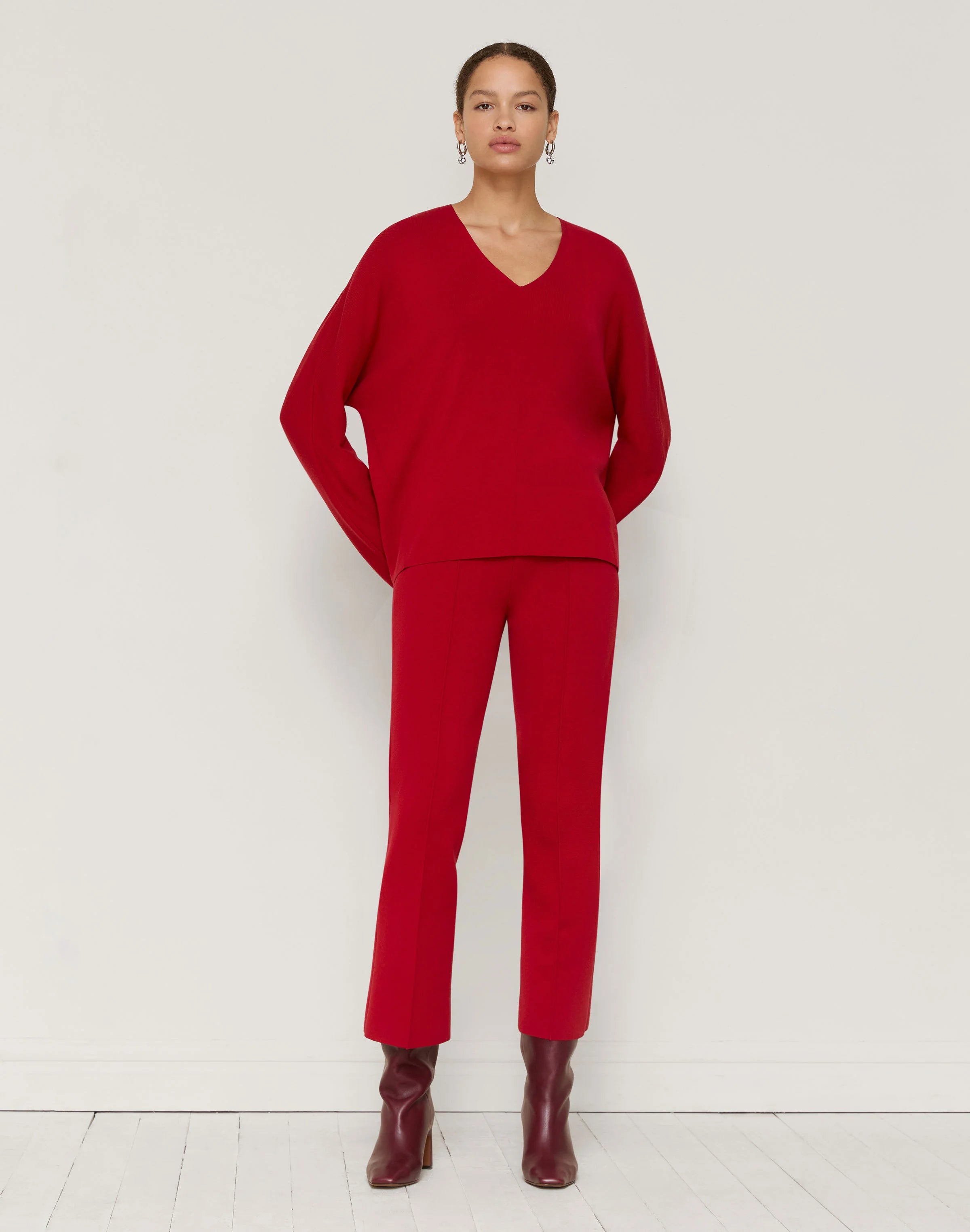 RESPONSIBLE MATTE CREPE RIBBED VNECK SWEATER