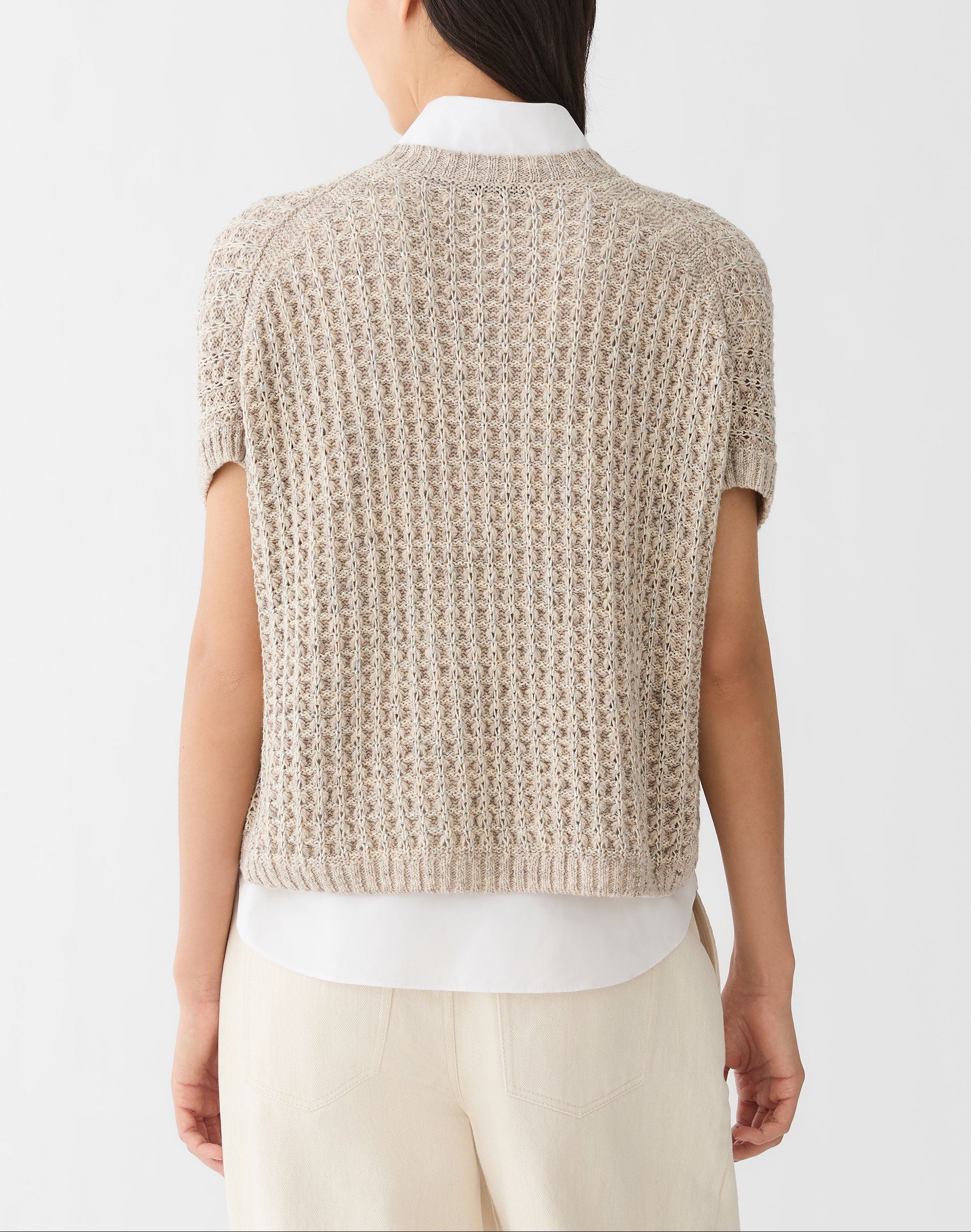 METALLIC FLAX LINEN COTTON POINTELLE SWEATER