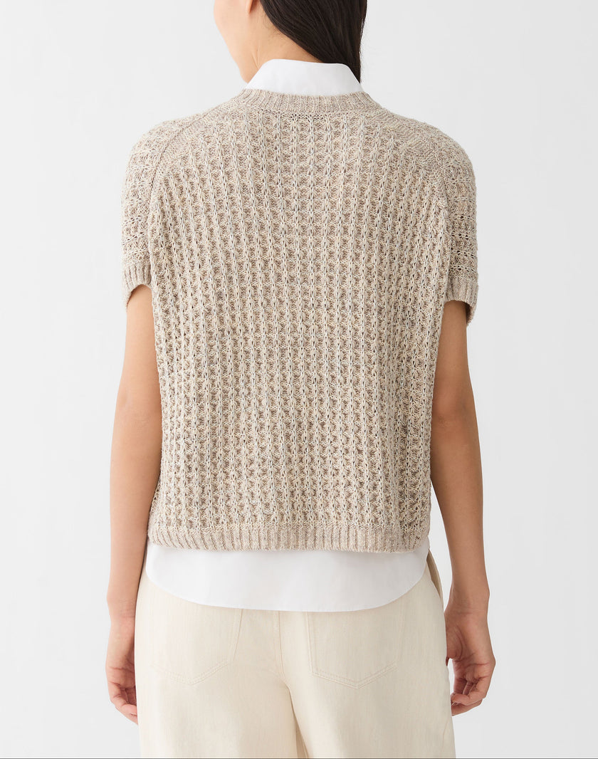 METALLIC FLAX LINEN COTTON POINTELLE SWEATER