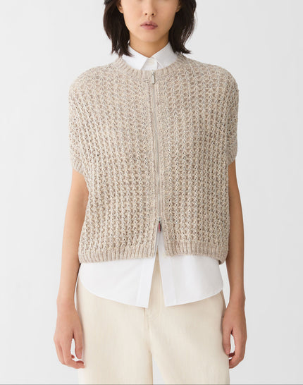 METALLIC FLAX LINEN COTTON POINTELLE SWEATER