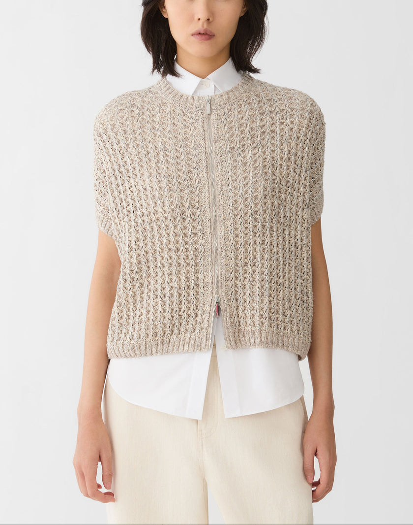 METALLIC FLAX LINEN COTTON POINTELLE SWEATER