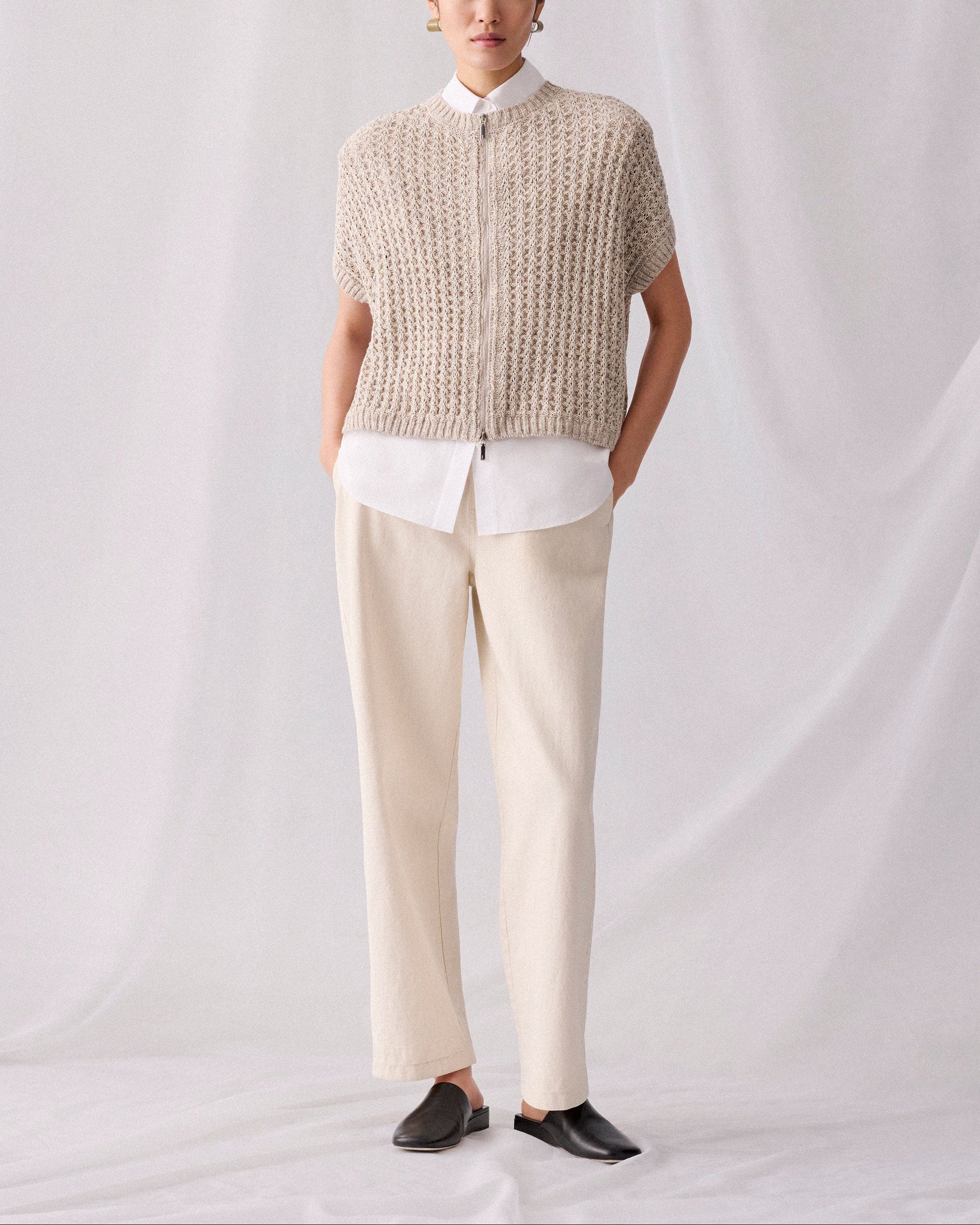 METALLIC FLAX LINEN COTTON POINTELLE SWEATER
