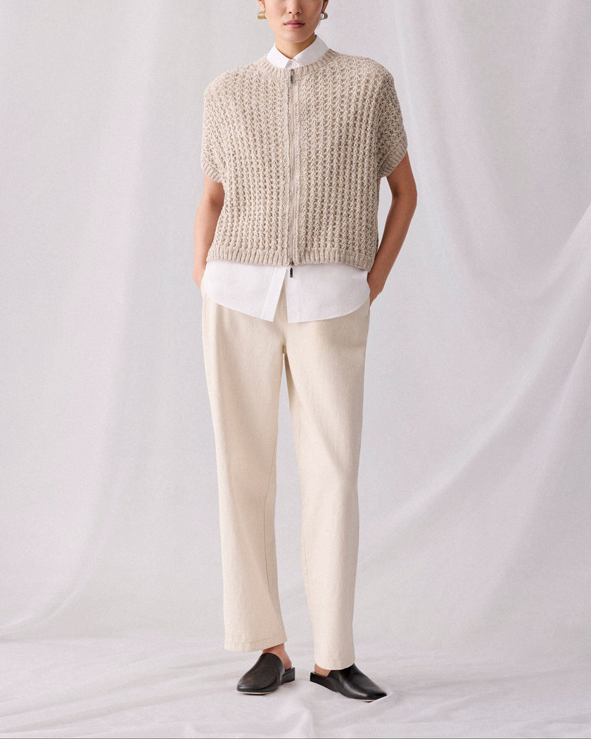 METALLIC FLAX LINEN COTTON POINTELLE SWEATER