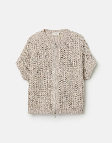 METALLIC FLAX LINEN COTTON POINTELLE SWEATER