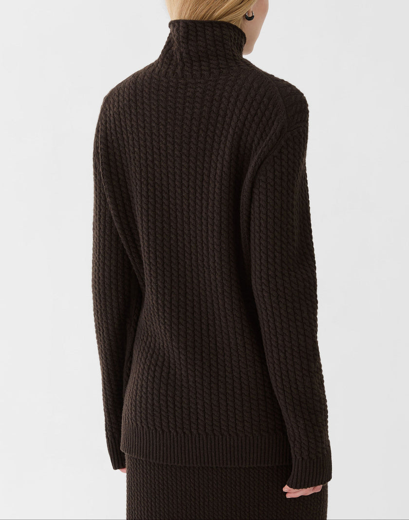 CABLED STAND COLLAR SWEATER