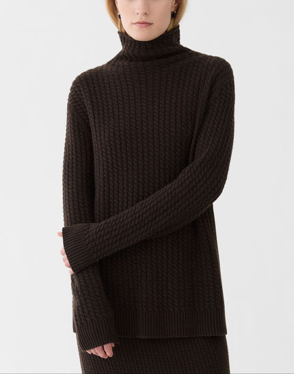 CABLED STAND COLLAR SWEATER