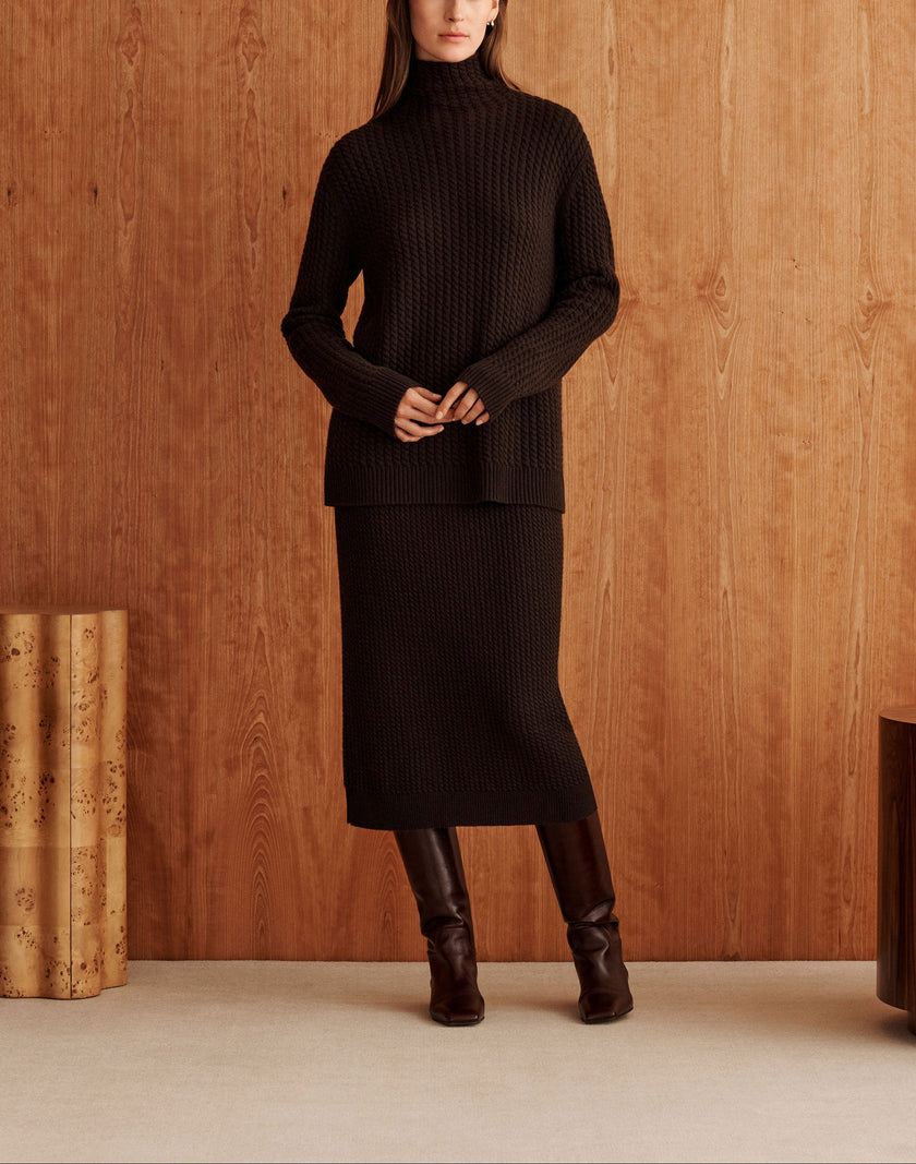 CABLED STAND COLLAR SWEATER