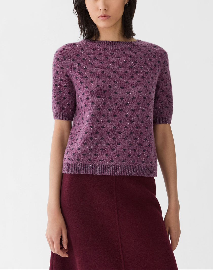 POLKA DOT JACQUARD CASHMERE DONEGAL SHORT SLEEVE SWEATER
