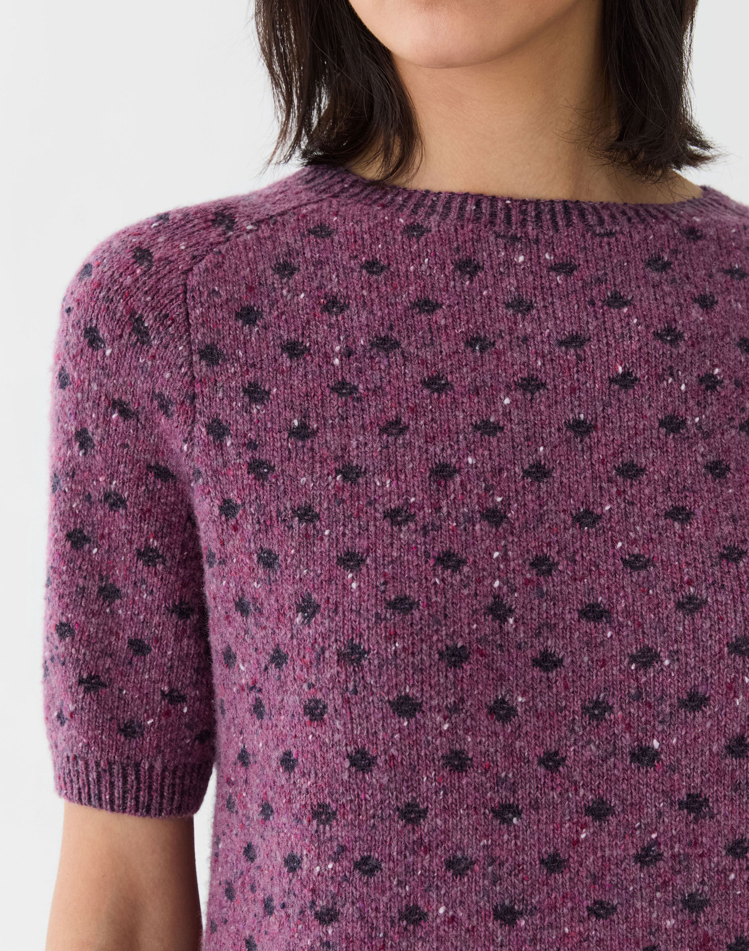 POLKA DOT JACQUARD CASHMERE DONEGAL SHORT SLEEVE SWEATER
