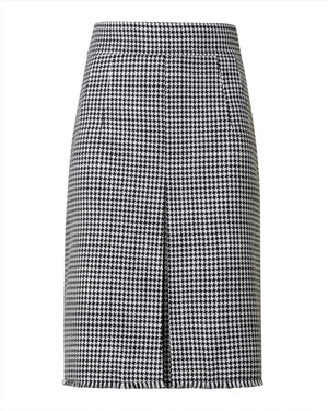 FRONT PLEAT WOOL BLEND HOUNDSTOOTH FRINGED SKIRT