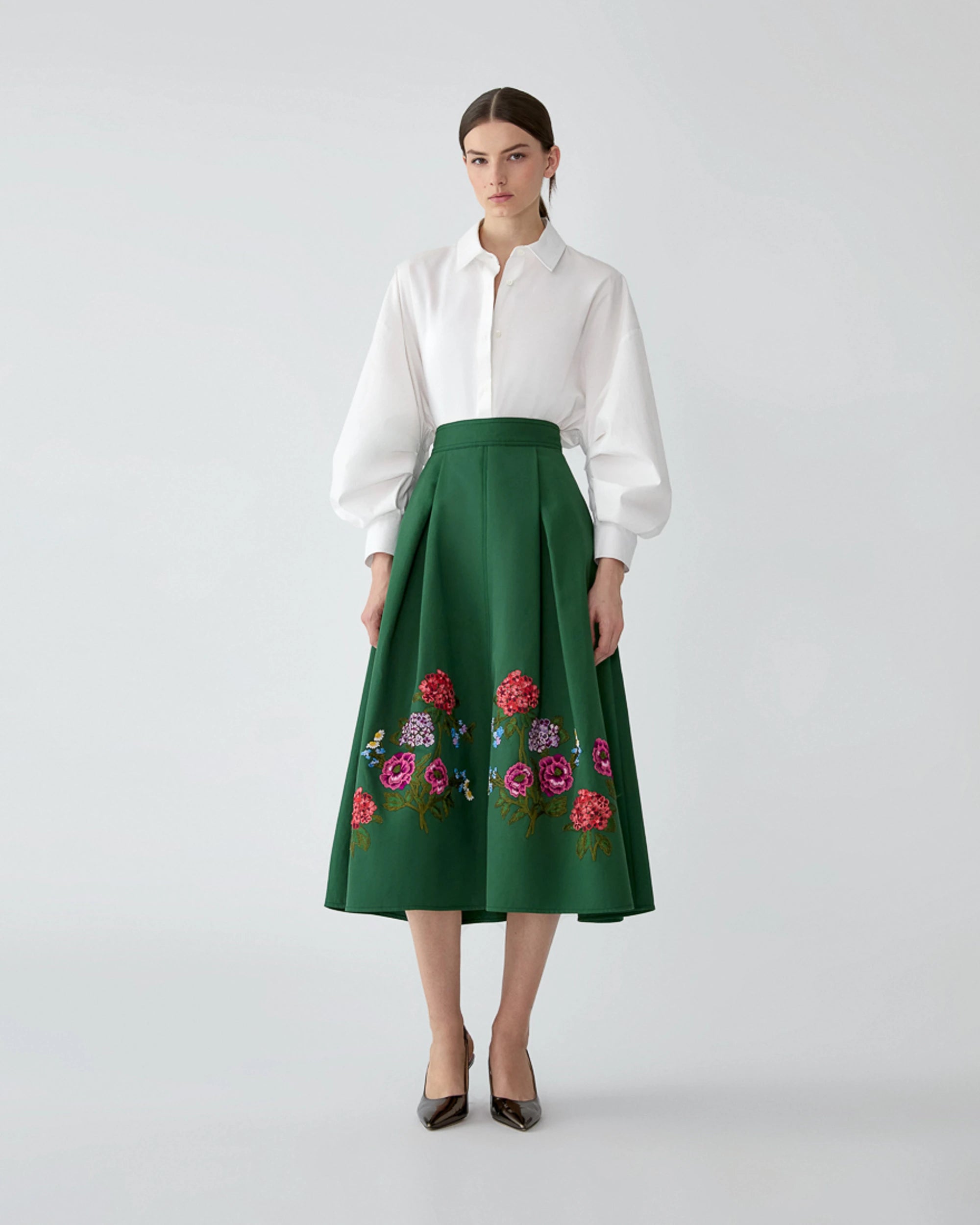 FLORAL EMBROIDERED GABARDINE MIDI SKIRT