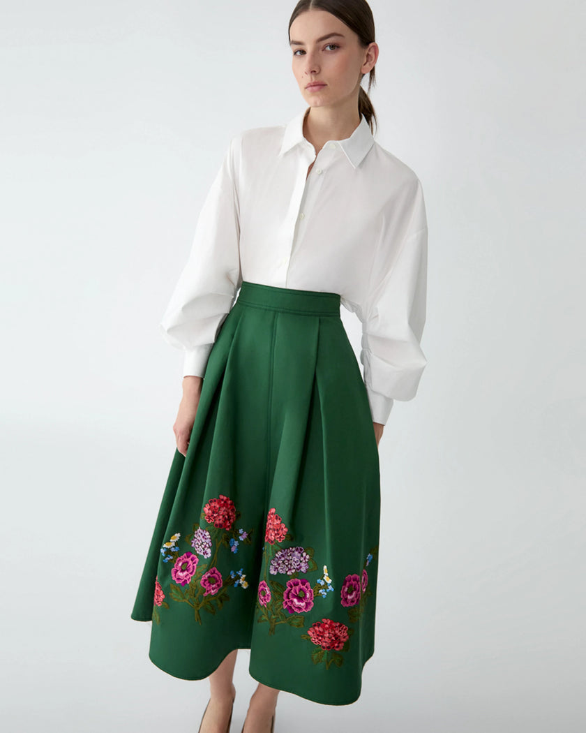 FLORAL EMBROIDERED GABARDINE MIDI SKIRT
