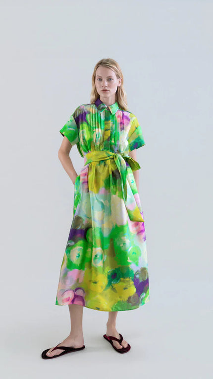 LONG SHIRT DRESS WITH BLOOMLIGHT PRINT AND FRONT PINTUCKS