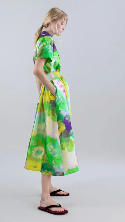 LONG SHIRT DRESS WITH BLOOMLIGHT PRINT AND FRONT PINTUCKS