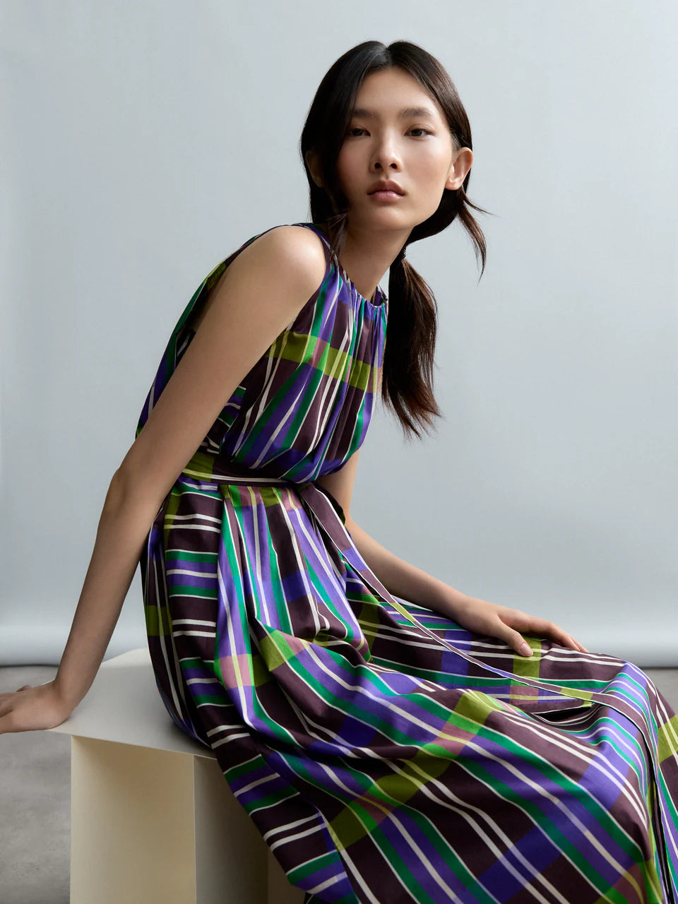 RETRO PRISM LONG SLEEVELESS DRESS WITH SIDE ASYMMETRY