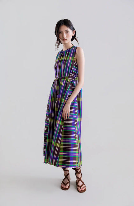 RETRO PRISM LONG SLEEVELESS DRESS WITH SIDE ASYMMETRY
