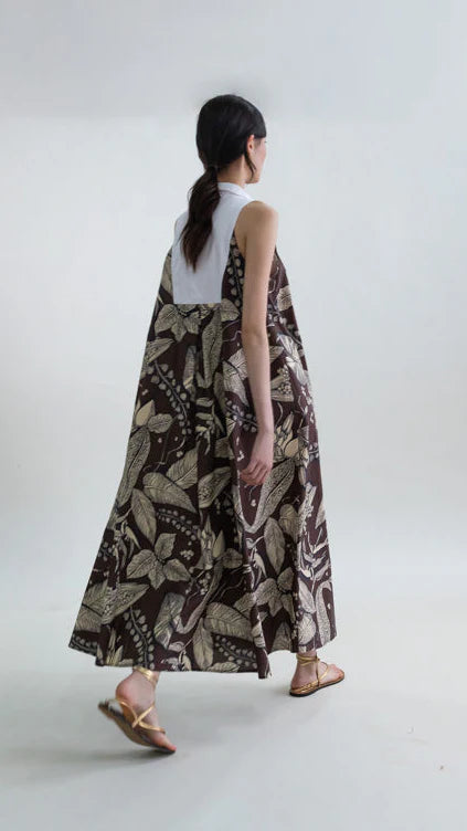 RETRO BLOOMLEAF SLEEVELESS YOKE LONG DRESS