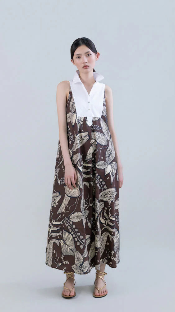 RETRO BLOOMLEAF SLEEVELESS YOKE LONG DRESS