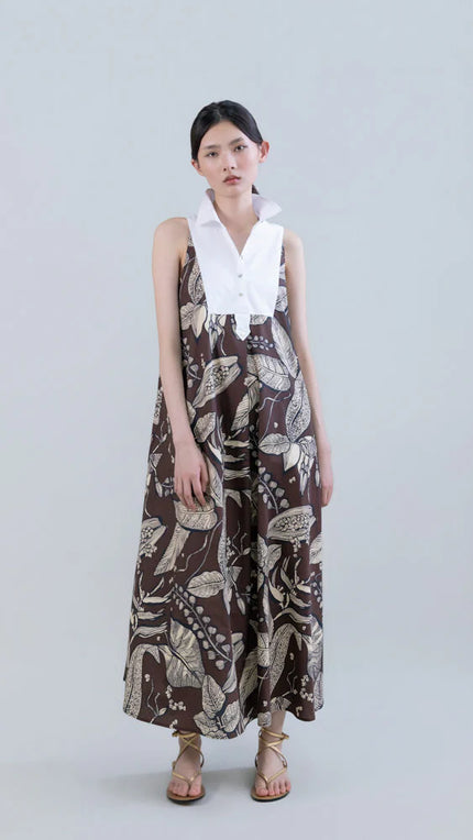 RETRO BLOOMLEAF SLEEVELESS YOKE LONG DRESS