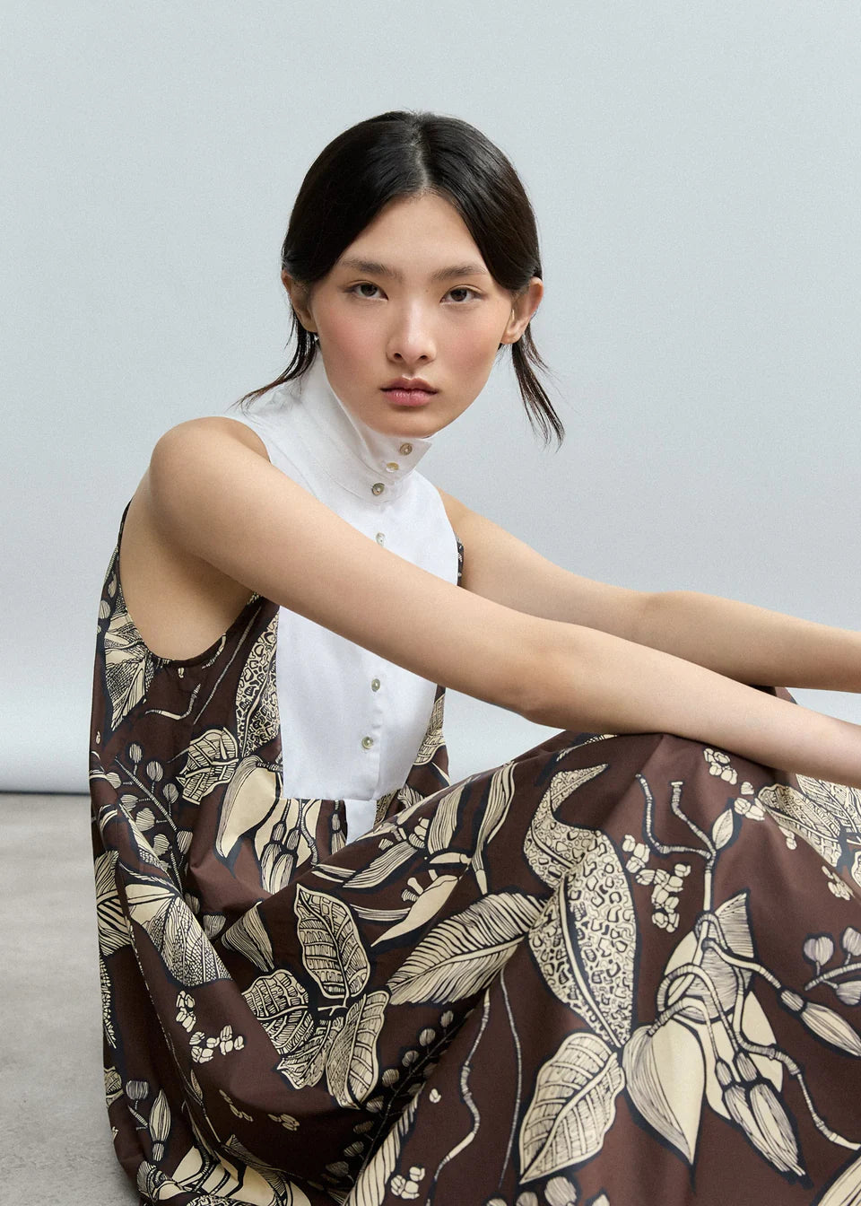 RETRO BLOOMLEAF SLEEVELESS YOKE LONG DRESS