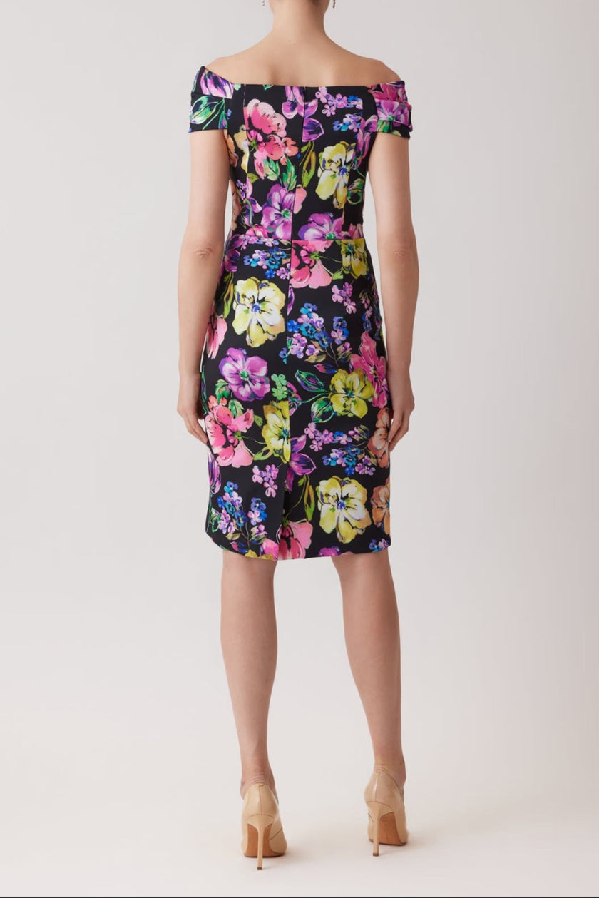 STRETCH GAZAR ASYMMETRICAL RUCHED FLORAL DRESS