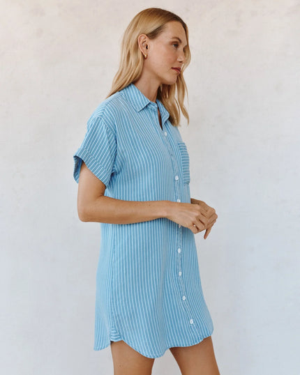 ROLL SLEEVE POCKET SHIRT DRESS IN COASTAL STRIPE WASH