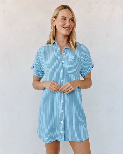 ROLL SLEEVE POCKET SHIRT DRESS IN COASTAL STRIPE WASH