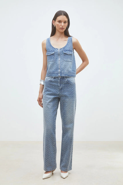 LENZO FANCY DENIM ZIPPED TOP