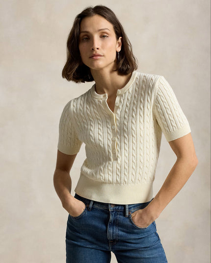 MINI CABLE SHORT SLEEVE HENLEY SWEATER