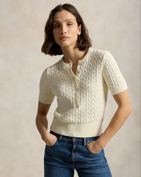 MINI CABLE SHORT SLEEVE HENLEY SWEATER