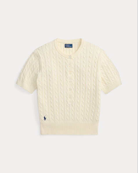 MINI CABLE SHORT SLEEVE HENLEY SWEATER