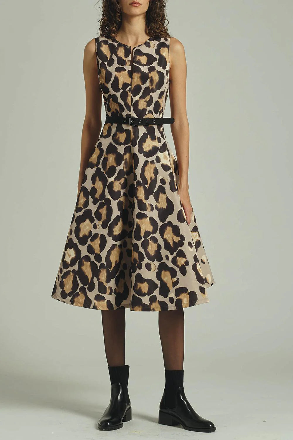 MARIELLA LEOPARD PRINT SLEEVELESS MIDI SHIRTDRESS