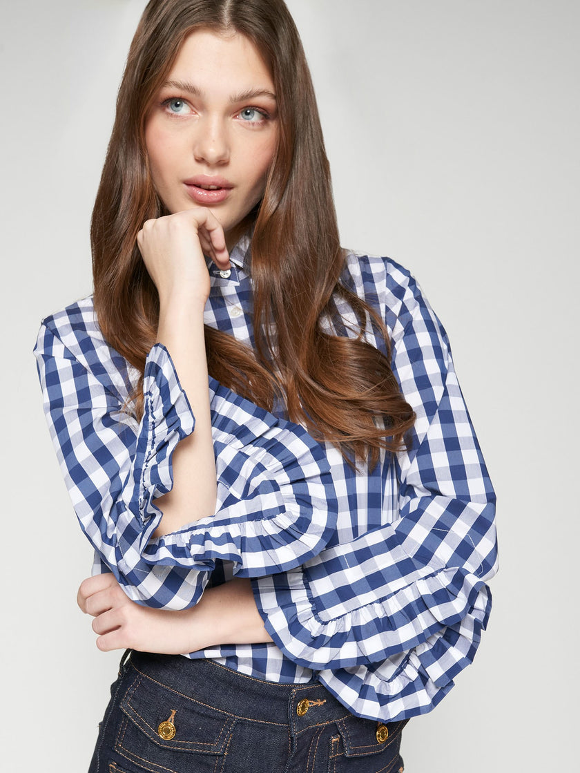 VOLANTES RUFFLE SLEEVE PLAID SHIRT