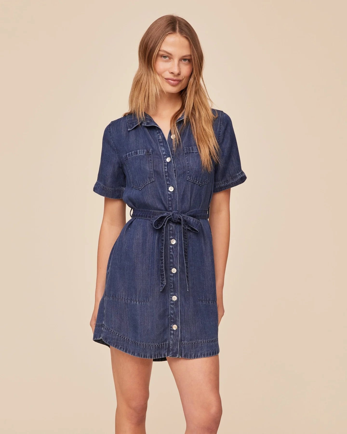 SHORT SLEEVE UTILITY SHIRT DRESS IN HORIZON BLUE WASH