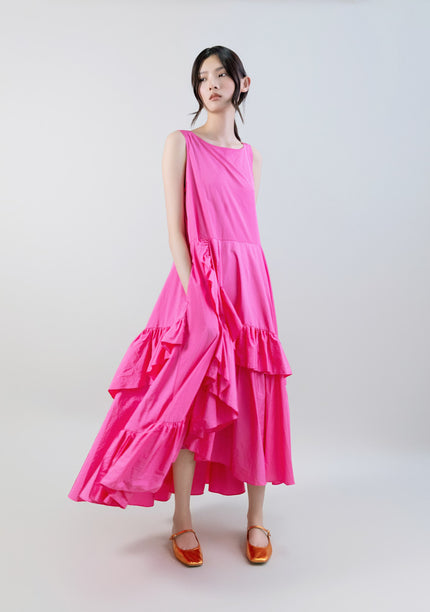 SLEEVELESS TIERED TAFFETA MAXI DRESS