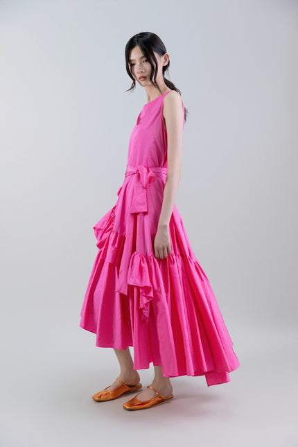 SLEEVELESS TIERED TAFFETA MAXI DRESS