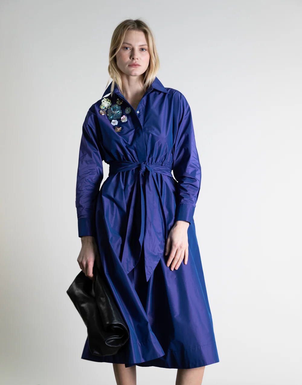 FLORAL SEQUIN SHIRT DRESS WITH FLOWING TAFFETA SKIRT