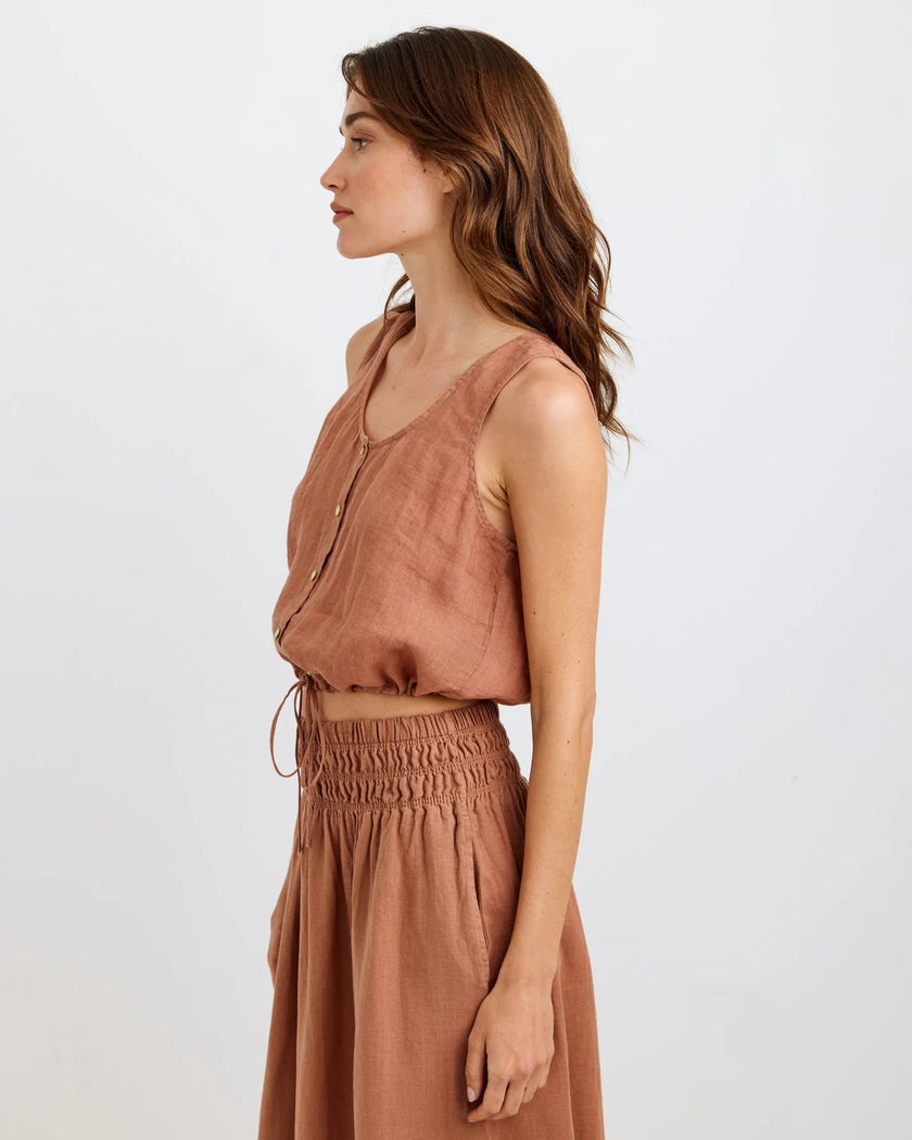 SLEEVELESS TIE WAIST BUTTON FRONT TOP