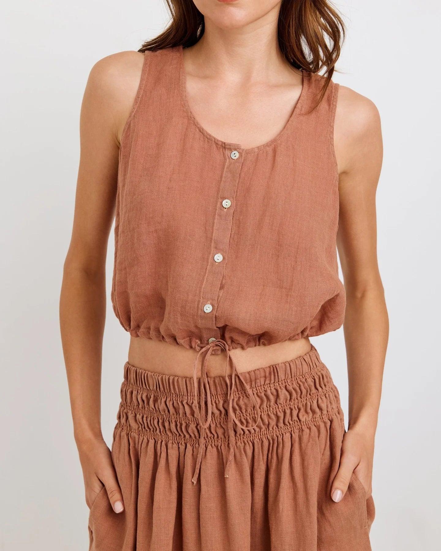 SLEEVELESS TIE WAIST BUTTON FRONT TOP