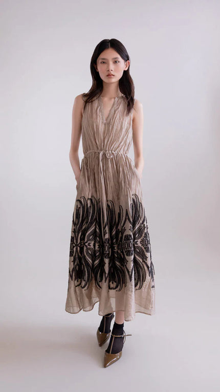 SLEEVELESS DRESS WITH BAROQUE DAMASK PRINT
