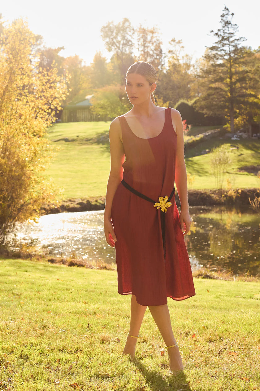 TERRA FOIL CRINKLE SCOOP NECK SLIP DRESS